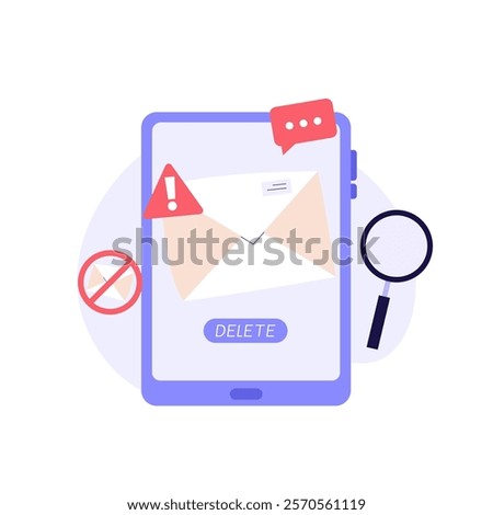 Spam message illustration. User receiving spam email and using anti-spam protection. Concept of spam software spreading, ad blocking, phishing attack, noise advertising. Vector flat cartoon design