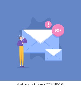 spam messages, annoying emails, scam messages. a male user gets 99 incoming messages. inbox notification. illustration concept design. graphic elements