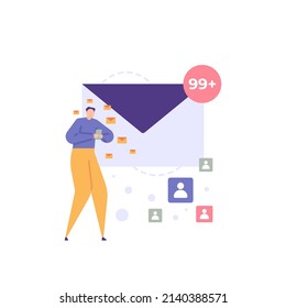spam messages, broadcast messages, sharing information. a man spreads boom messages to people. e-mail, chat, communication media. icons and symbols. flat cartoon illustration. concept design. ui 