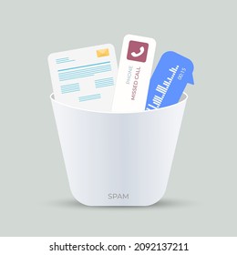 Spam Messages Icon Concept. Irrelevant Unsolicited Malicious Emails, Spam Calls, Audio Messages In The Messenger With Advertising. Malware Spreading Virus, Scam And Fraud Mail In The Trash Can