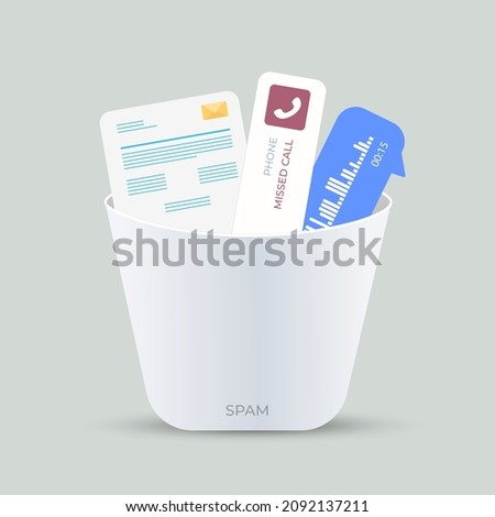 Spam Messages icon concept. Irrelevant unsolicited malicious emails, spam calls, audio messages in the messenger with advertising. Malware spreading virus, scam and fraud mail in the trash can