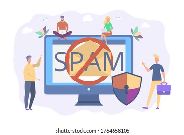 Spam, newsletter. Annoying notifications online. Advertising, ad blocking software. Virus protection. Colorful vector illustration.