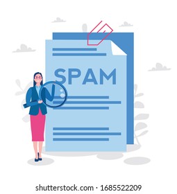 Spam note, woman stay near notebook with spam. Vector illustration for web banner, infographics, mobile