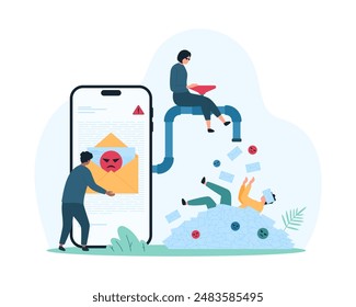 Spam notifications and messages overload in inbox mobile app. Tiny user drowning in pile of spam emails, SMS and marketing letters flowing from tap on smartphone screen cartoon vector illustration