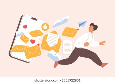 Spam overload, information, infobesity, infoxication detected. Tiny overwhelmed businessman running away in stress from attack of mail messages on smartphone screen cartoon vector illustration