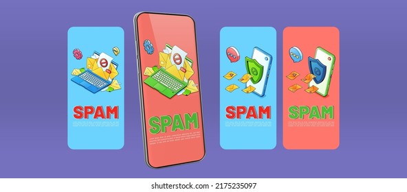 Spam presentation slides for mobile phone. Concept of email security, protection from phishing and junk messages. Vector horizontal banners with isometric laptop and smartphone with shield