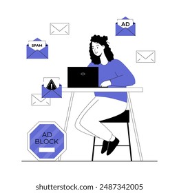 Spam protection, stop spam attack. Blocking unwanted advertising mailings. Website Adblock software, antivirus application. Vector illustration with line people for web design.	
