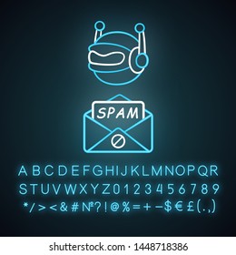 Spam robot neon light icon. Virus advertisements. Malicious phishing sites. Spam advertising software sending. Glowing sign with alphabet, numbers and symbols. Vector isolated illustration