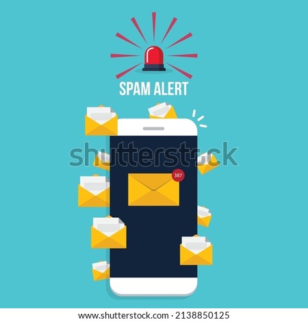 Spam. Spamming concept, a lot of emails on the screen of a smart phone. Email box hacking, spam warning. Vector illustration.
