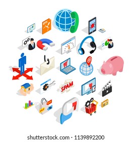 Spam technology icons set. Isometric set of 25 spam technology vector icons for web isolated on white background