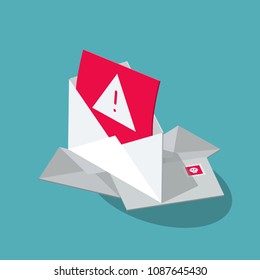 Spam vector symbol with several envelopes and a red unsolicited message isolated on blue background. Flat design, easy to use for your website or presentation.