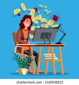 Spam Virus Concept Vector. Woman. Internet Security. Hacker Online. Data Protection. Cyber Safety. E-mail Alert. Trojan Protect. Flat Cartoon Illustration