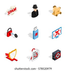 Spam, Virus, Thief Icons Set. Isometric 3d Illustration Of 9 Spam, Virus, Thief Vector Icons For Web