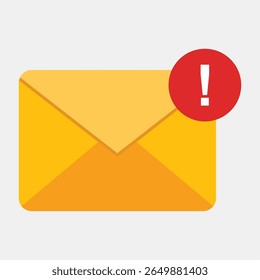 Spam warning or important alert email icon. Envelope with a red exclamation mark for junk mail, security risks, error messages, or urgent notices.