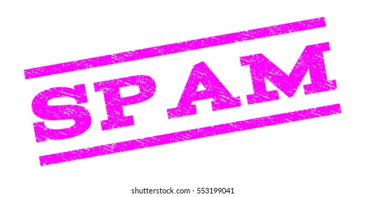 Spam watermark stamp. Text tag between parallel lines with grunge design style. Rubber seal stamp with dust texture. Vector magenta color ink imprint on a white background.