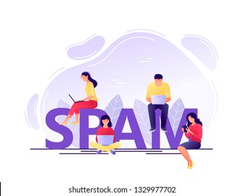 Spam - young men and women using laptop, tablets near letters SPAM. Receiving spam, unsolicited emails, inappropriate messages distribution system. Flat concept vector illustration