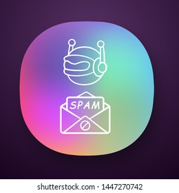 Spambot app icon. Virus advertisements, links. Malicious phishing sites. Spam advertising software sending. UI/UX user interface. Web or mobile application. Vector isolated illustration