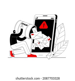 A spammer attacks an email client on a smartphone. The concept of a vector illustration in a outline style on the topic of cybercrime and cybersecurity.