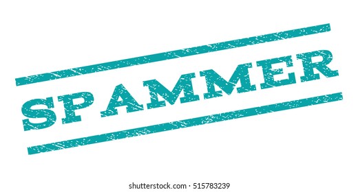 Spammer watermark stamp. Text tag between parallel lines with grunge design style. Rubber seal stamp with dust texture. Vector cyan color ink imprint on a white background.