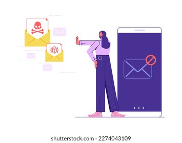 Spamming, email organization or mailbox cleaner concept illustration, woman stop spam email messages by protecting her mobile
