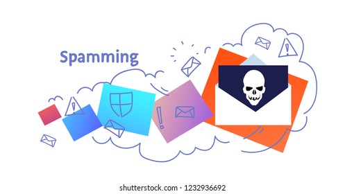 spamming envelope letter skull icon cyber hacker attack concept sketch doodle horizontal isolated flat vector illustration
