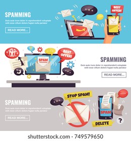 Spamming horizontal banners with best offer campaign stop spam sign computer infected by malware flat vector illustration