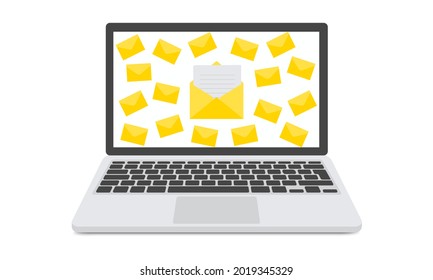Spamming mailbox concept, a lot of emails on the screen of a monitor. Email box hacking, spam warning. Vector Illustration.