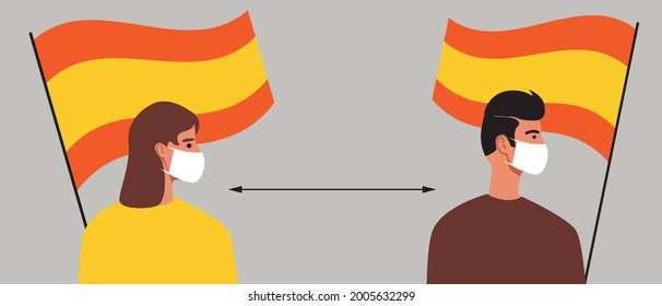 Spaniards with the flag of Spain, lockdown in Spain. Flat vector stock illustration. Social distance of the Spaniards. People in face masks. Pandemic in the country. Vector graphics