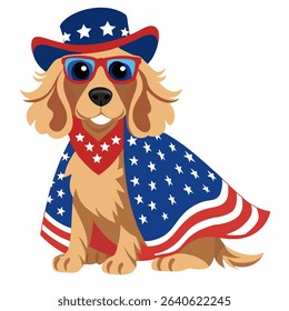 Сocker spaniel dog in 4th of July disguise celebrating independence day USA , wearing American flag pattern cape, uncle Sam hat and sunglasses. Vector colorful illustration on a white background.