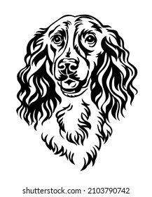 Retrato de contorno negro de perro español. Cabeza de perro en la ilustración del vector de la vista frontal aislada en blanco. Para la decoración, bordado, diseño, impresión, afiche, postal, pegatina, camiseta, crujiente y tatuaje 