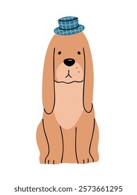 Spaniel dog in a hat. Funny pet. Cartoon animal character. Flat vector illustration isolated on white background