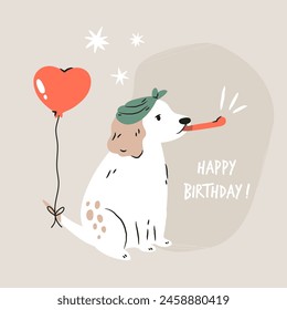 Spaniel dog in a head bandana with balloon tied to the tail. Hand drawn vector Birthday card, print, composition.

