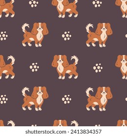 Spaniel Dog modern seamless pattern. Cute hand drawn doggy background with cute cartoon puppy and dots. Trendy repeat vector illustration for pets, kids, fabric, textile