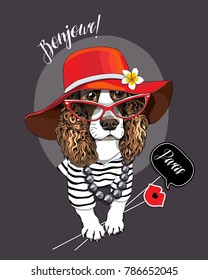 Spaniel Dog in a striped cardigan, in a red broad-brimmed hat and with a photo booth props. Vector illustration.