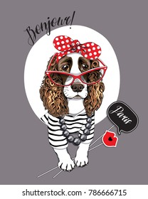 Spaniel Dog in a striped cardigan, in a red polka dot headband, in a sunglasses and with a photo booth props. Vector illustration.