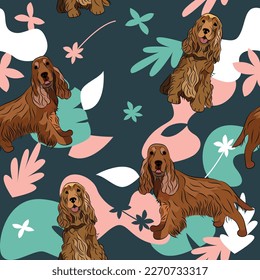 Spaniel dog wallpaper with leaves, palms, flowers, plants. Pastel green, pink, navy. Holiday abstract natural shapes. Seamless floral background with dogs, repeatable pattern. Birthday wallpaper. 