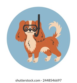 Spaniel dog wearing diving mask glasses and snorkel. Cute cartoon puppy with summer accessory. Summertime activity. Pet vector illustration on circle background.