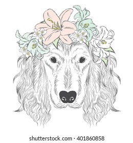 Spaniel wearing a crown of flowers. Vector illustration.