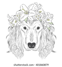 Spaniel wearing a crown of flowers. Vector illustration. Print on clothes, postcard or poster.