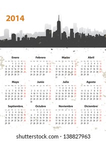 Spanish 2014 year stylish calendar on cityscape grunge background. Mondays first. Vector illustration