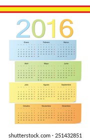 Spanish 2016 vector color calendar. Week starts from Monday.