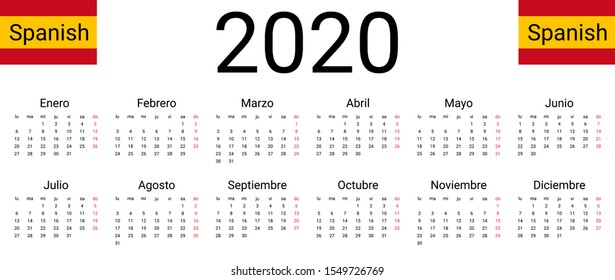 Spanish 2020 calendar. Vector design template start from monday. Full months for wall calendar