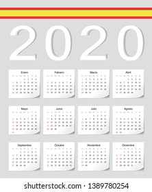 Spanish 2020 vector calendar with shadow angles. Week starts from Sunday.