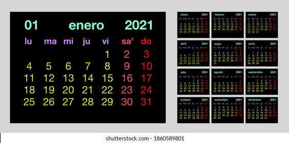 Spanish Сalendar 2021, week starts on Monday, simple Сalendar template for 2021, printable calendar templates, vector illustration.Yearly planner  in minimal design. 