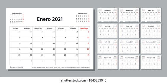 Spanish 2021 year planner. Calendar template. Week starts Monday. Vector. Table schedule grid. Calender layout with 12 month. Yearly stationery organizer. Horizontal monthly diary. Simple illustration