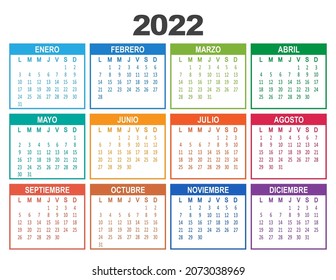 Spanish 2022 year calendar. Week starts on Lunes Monday. Vector illustration