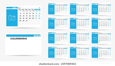 Spanish 2024 calendar with spanish holidays. Week start on monday. Calendar with place for photo. Vector Illustration.