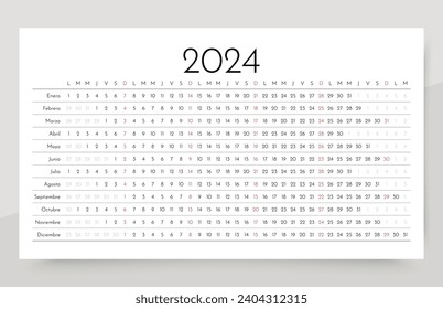 Spanish 2024 calendar. Linear planner. Yearly horizontal calender template. Schedule grid with 12 months. Week starts Monday.   Vector illustration.