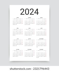 Spanish 2024 calendar for year. Week starts Monday. Pocket calender layout with 12 month. Yearly organizer. Scheduler template in simple design. Portrait orientation Paper size A4. Vector illustration