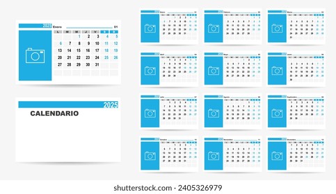 Calendario español 2025 con vacaciones españolas. La semana empieza el lunes. Calendario con lugar para la foto. Ilustración vectorial.	